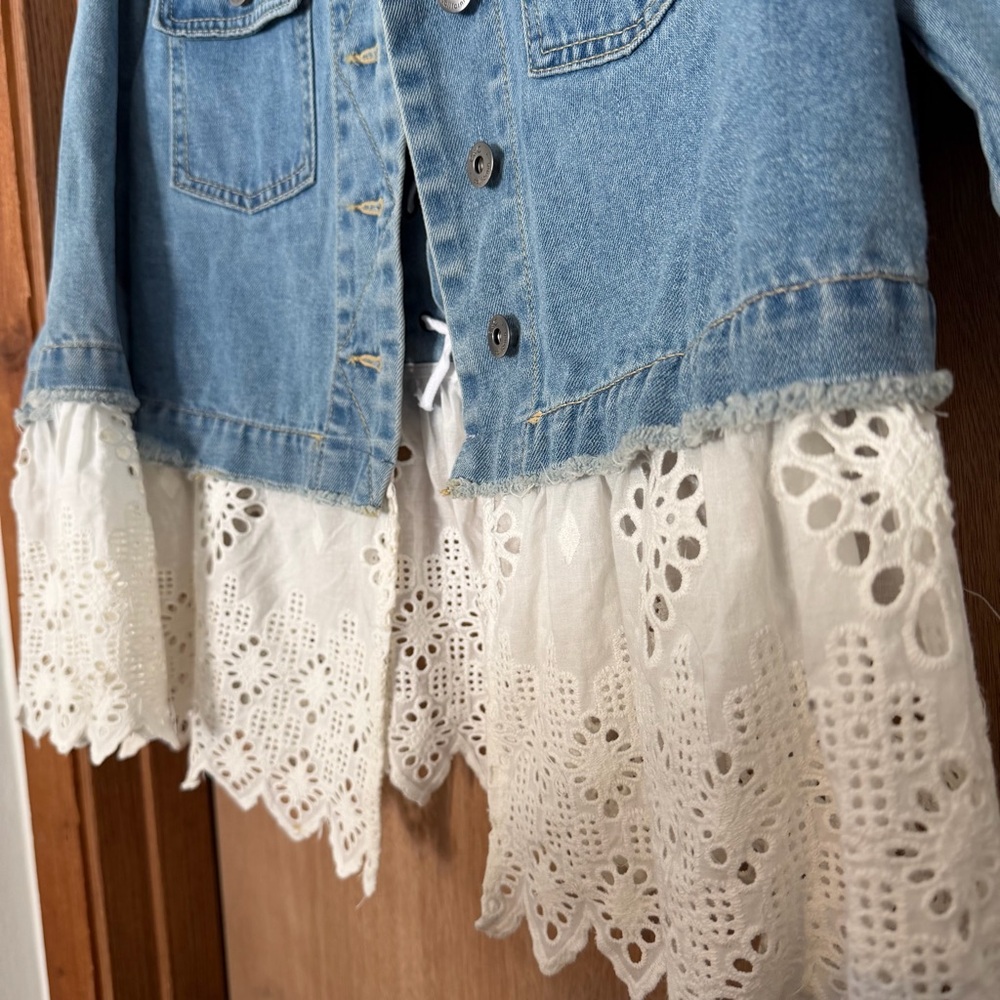 C.C Light Blue Denim with Sunburst Patch medium cottagecore boho white lace - Picture 4 of 7